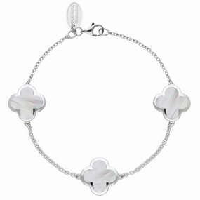Sterling Silver White Mother of Pearl  Bloom Four Leaf Clover Chain Bracelet