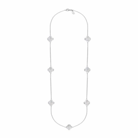 Sterling Silver White Mother of Pearl Bloom Four Leaf Clover Long Necklace