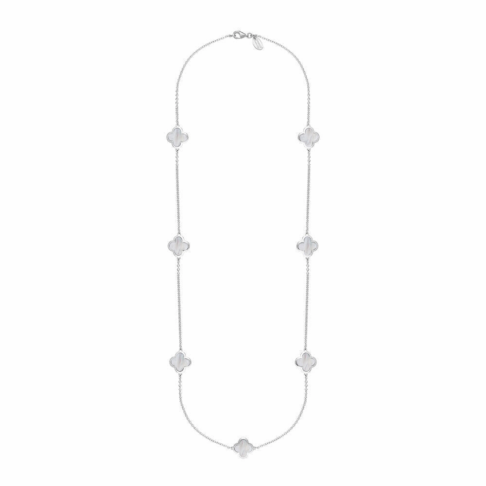 Sterling Silver White Mother of Pearl Bloom Four Leaf Clover Long Necklace