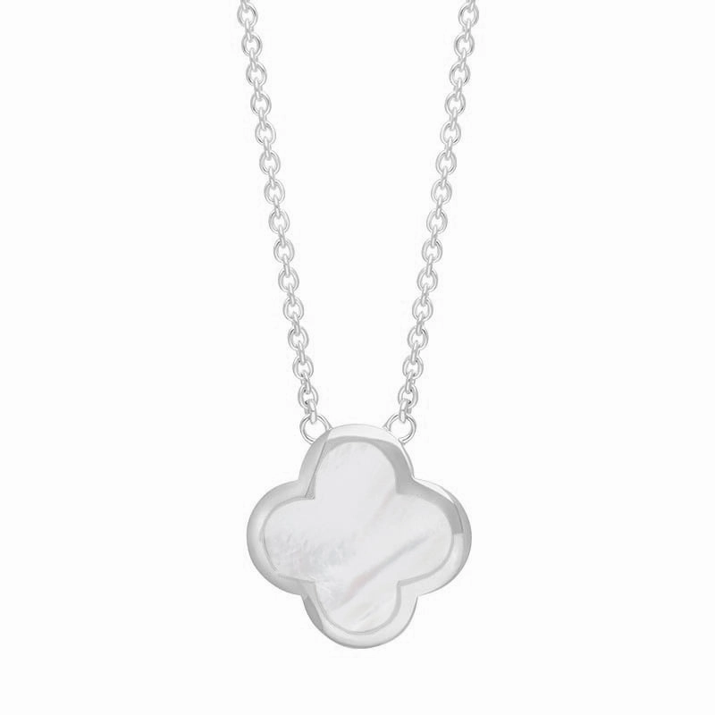 Sterling Silver White Mother of Pearl Bloom Large Four Leaf Clover Polished Edge Pendant