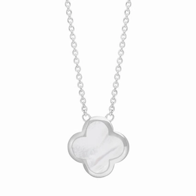 Sterling Silver White Mother of Pearl Bloom Large Four Leaf Clover Polished Edge Pendant