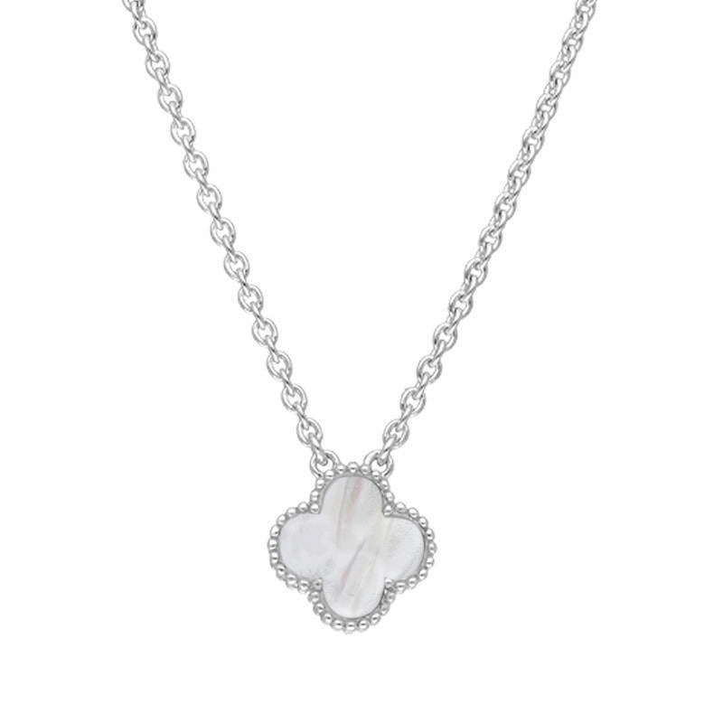 Sterling Silver White Mother of Pearl Bloom Small Four Leaf Clover Ball Edge Chain Necklet