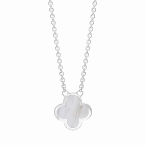 Sterling Silver White Mother of Pearl Bloom Small Four Leaf Clover Polished Edge Pendant