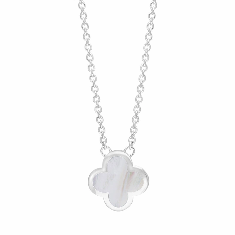 Sterling Silver White Mother of Pearl Bloom Small Four Leaf Clover Polished Edge Pendant