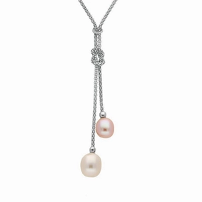 Sterling Silver White Peach Pearl Two Stone Knot Drop Necklace D
