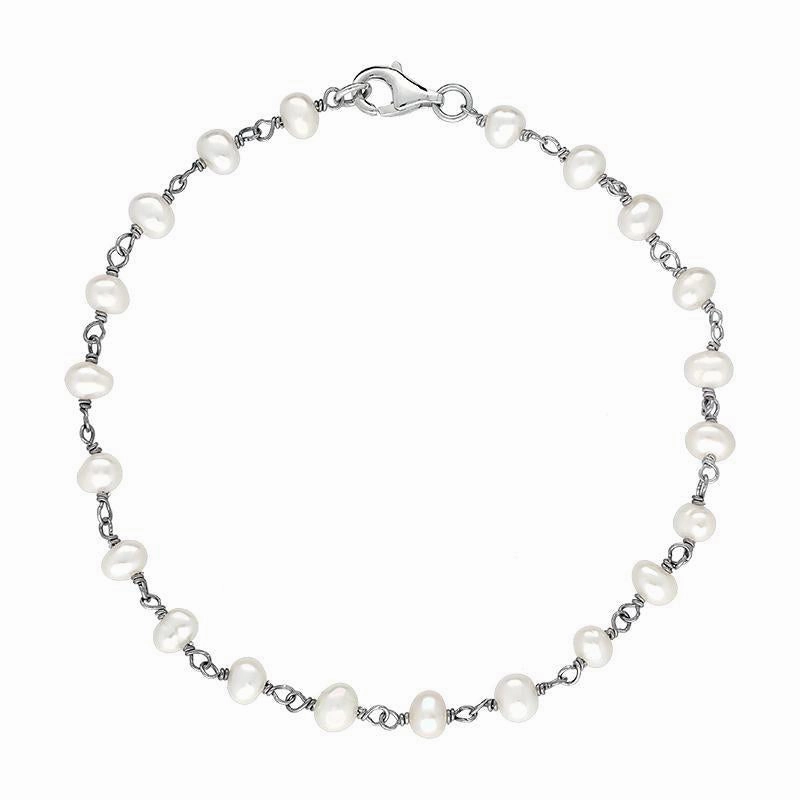 Sterling Silver White Pearl Bead Chain Link Bracelet