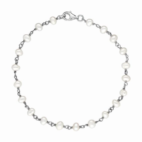 Sterling Silver White Pearl Bead Chain Link Bracelet