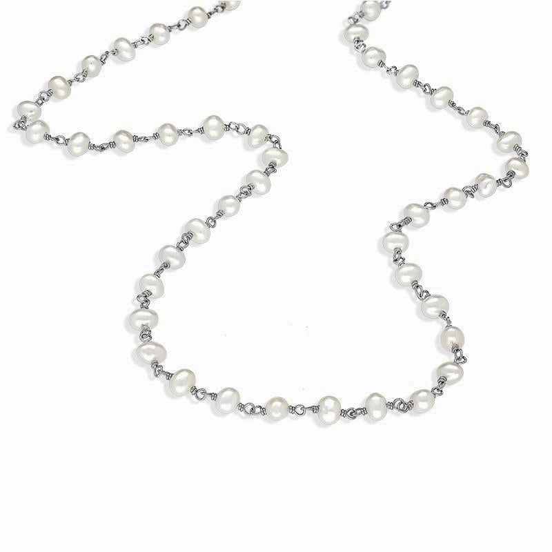 Sterling Silver White Pearl Bead Chain Link Necklace