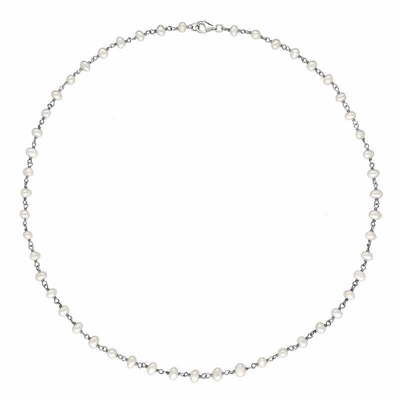 Sterling Silver White Pearl Bead Chain Link Necklace