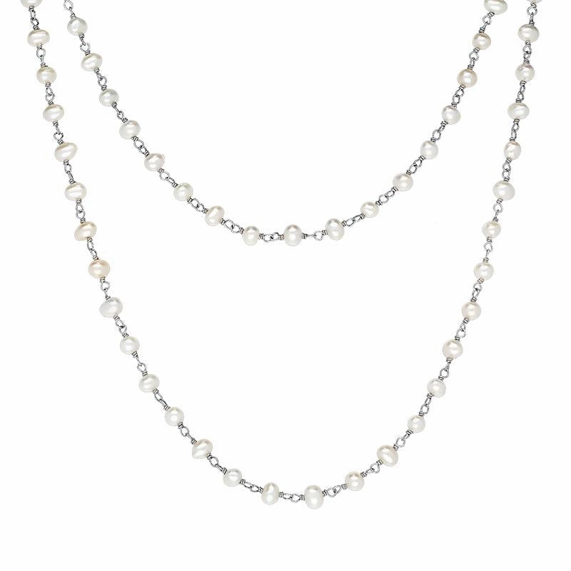 Sterling Silver White Pearl Bead Chain Link Necklace