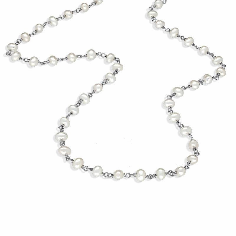 Sterling Silver White Pearl Bead Chain Link Necklace