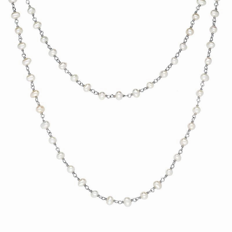 Sterling Silver White Pearl Bead Chain Link Necklace