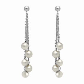 Sterling Silver White Pearl Beaded Tassel Drop Earrings