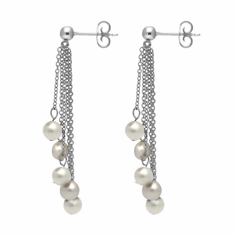 Sterling Silver White Pearl Beaded Tassel Drop Earrings