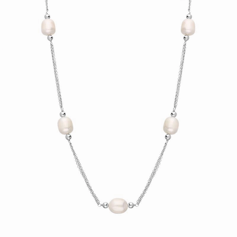Sterling Silver White Pearl Beaded Triple Strand Necklace