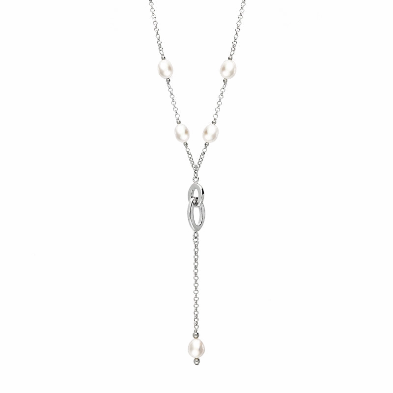 Sterling Silver White Pearl Five Stone Double Oval Drop Necklace D