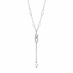Sterling Silver White Pearl Five Stone Double Oval Drop Necklace D