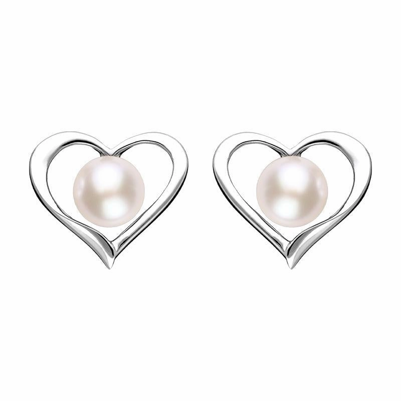 Sterling Silver White Pearl Open Heart Stud Earrings