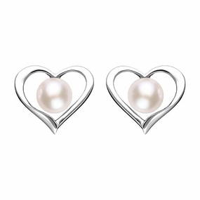 Sterling Silver White Pearl Open Heart Stud Earrings