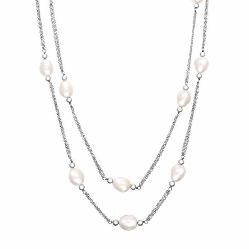 Sterling Silver White Pearl Twelve Stone Double Strand Necklace