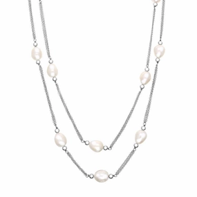 Sterling Silver White Pearl Twelve Stone Double Strand Necklace