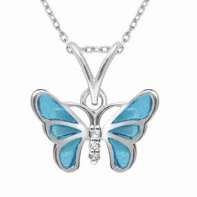 Sterling Silver White Sapphire Blue Enamel Style & Fashion Butterfly Necklace