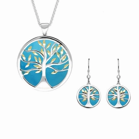 Sterling Silver Yellow Gold Plated Turquoise Large Round Tree of Life Two Piece Set