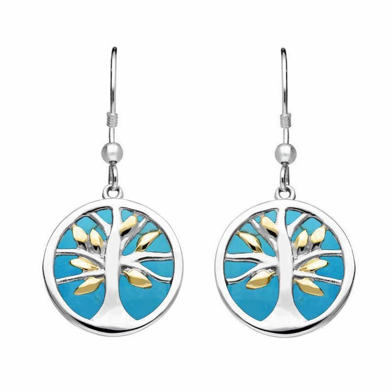 Sterling Silver Yellow Gold Plated Turquoise Large Round Tree of Life Two Piece Set