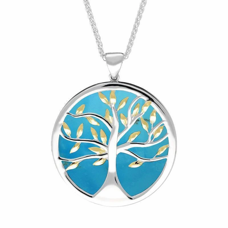 Sterling Silver Yellow Gold Plated Turquoise Large Round Tree of Life Two Piece Set