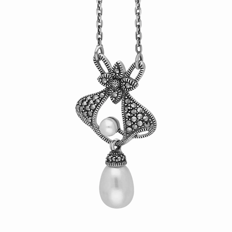 Sterling SilverFreshwater Pearl Marcasite Ornate Fancy Necklace