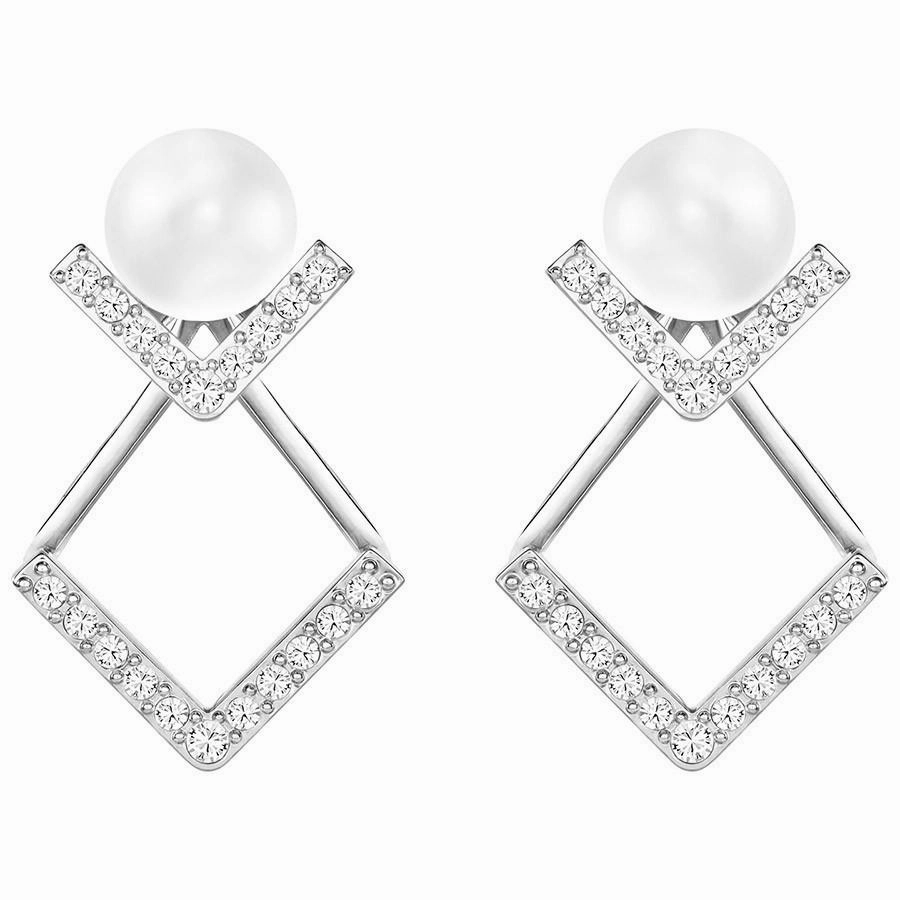Swarovski Edify Rhodium Pearl And Clear Crystal Stud Earrings D