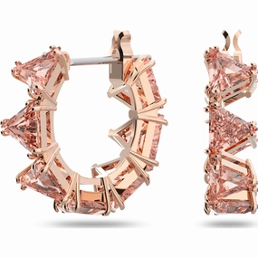 Swarovski Ortyx Rose Gold Tone Plated Pink Crystal Triangle Cut Hoop Earrings