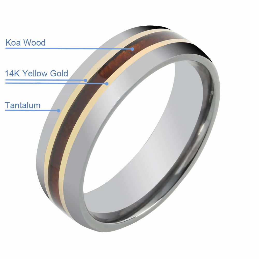 Tantalum with 14K Yellow Gold and Koa Wood Inlaid Wedding Ring Barrel 6mm