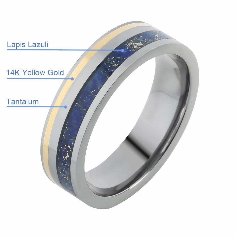 Tantalum with 14K Yellow Gold and Lapis Lazuli Inlaid Wedding Ring Flat 6mm