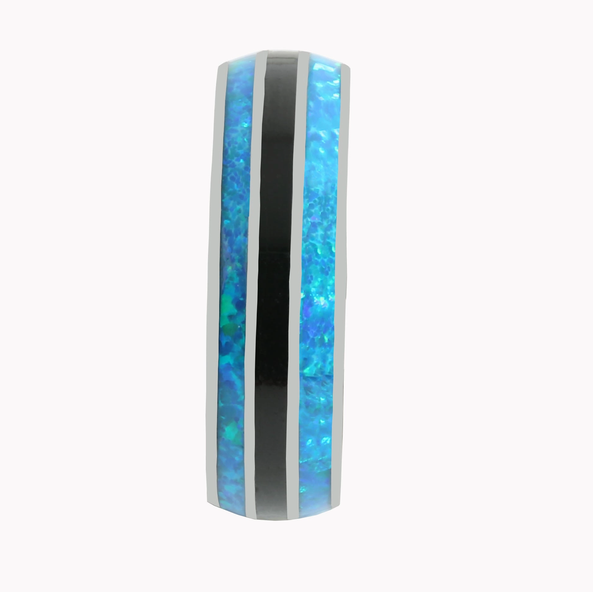 Tantalum with Blue Opal and Onyx Inlaid Wedding Ring Barrel 6mm