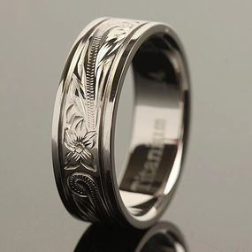 Titanium Hawaiian Scroll Engraved Line Edge Wedding Ring 8mm