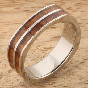 Titanium Natural Koa Wood Double Row Square Wedding Ring 6mm