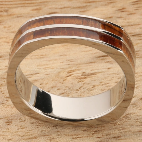 Titanium Natural Koa Wood Double Row Square Wedding Ring 6mm