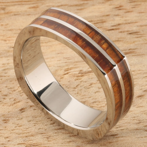 Titanium Natural Koa Wood Double Row Square Wedding Ring 6mm