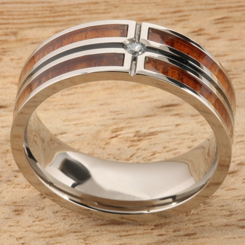 Titanium Natural Koa Wood with CZ and Black Enamel Flat Wedding Ring 8mm