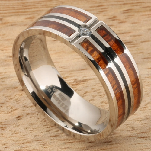 Titanium Natural Koa Wood with CZ and Black Enamel Flat Wedding Ring 8mm