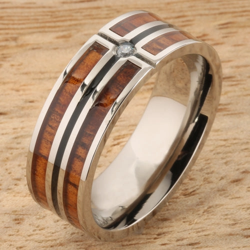 Titanium Natural Koa Wood with CZ and Black Enamel Flat Wedding Ring 8mm