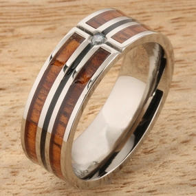 Titanium Natural Koa Wood with CZ and Black Enamel Flat Wedding Ring 8mm