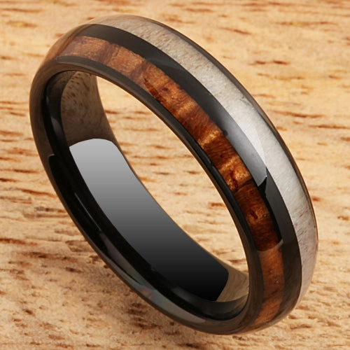 Tungsten Black Iron Plated Natural Koa Wood and Antler Half/Half Oval Wedding Ring 6mm