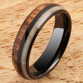 Tungsten Black Iron Plated Natural Koa Wood and Antler Half/Half Oval Wedding Ring 6mm