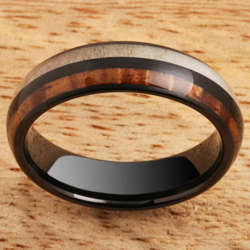Tungsten Black Iron Plated Natural Koa Wood and Antler Half/Half Oval Wedding Ring 6mm