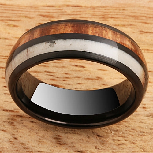 Tungsten Black Iron Plated Natural Koa Wood and Antler Half/Half Oval Wedding Ring 8mm