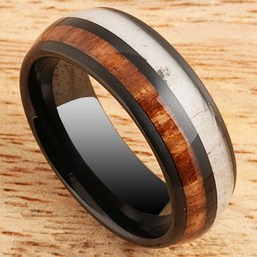 Tungsten Black Iron Plated Natural Koa Wood and Antler Half/Half Oval Wedding Ring 8mm