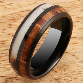 Tungsten Black Iron Plated Natural Koa Wood and Antler Half/Half Oval Wedding Ring 8mm