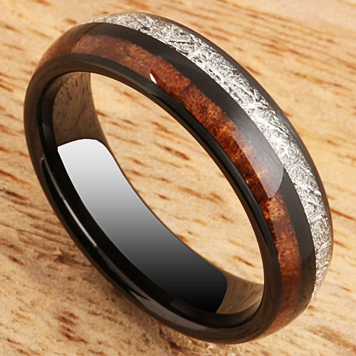 Tungsten Black Iron Plated Natural Koa Wood and Meteorite Half/Half Oval Wedding Ring 6mm